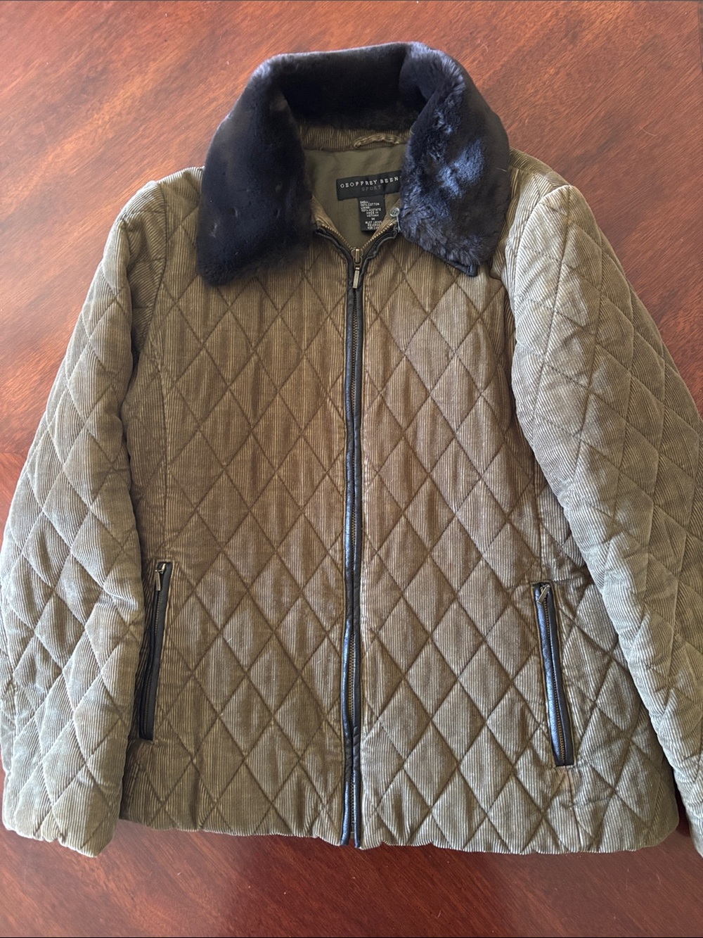 Geoffrey Beene Olive Quilted Corduroy Jacket with Dark Brown Faux Fur Collar